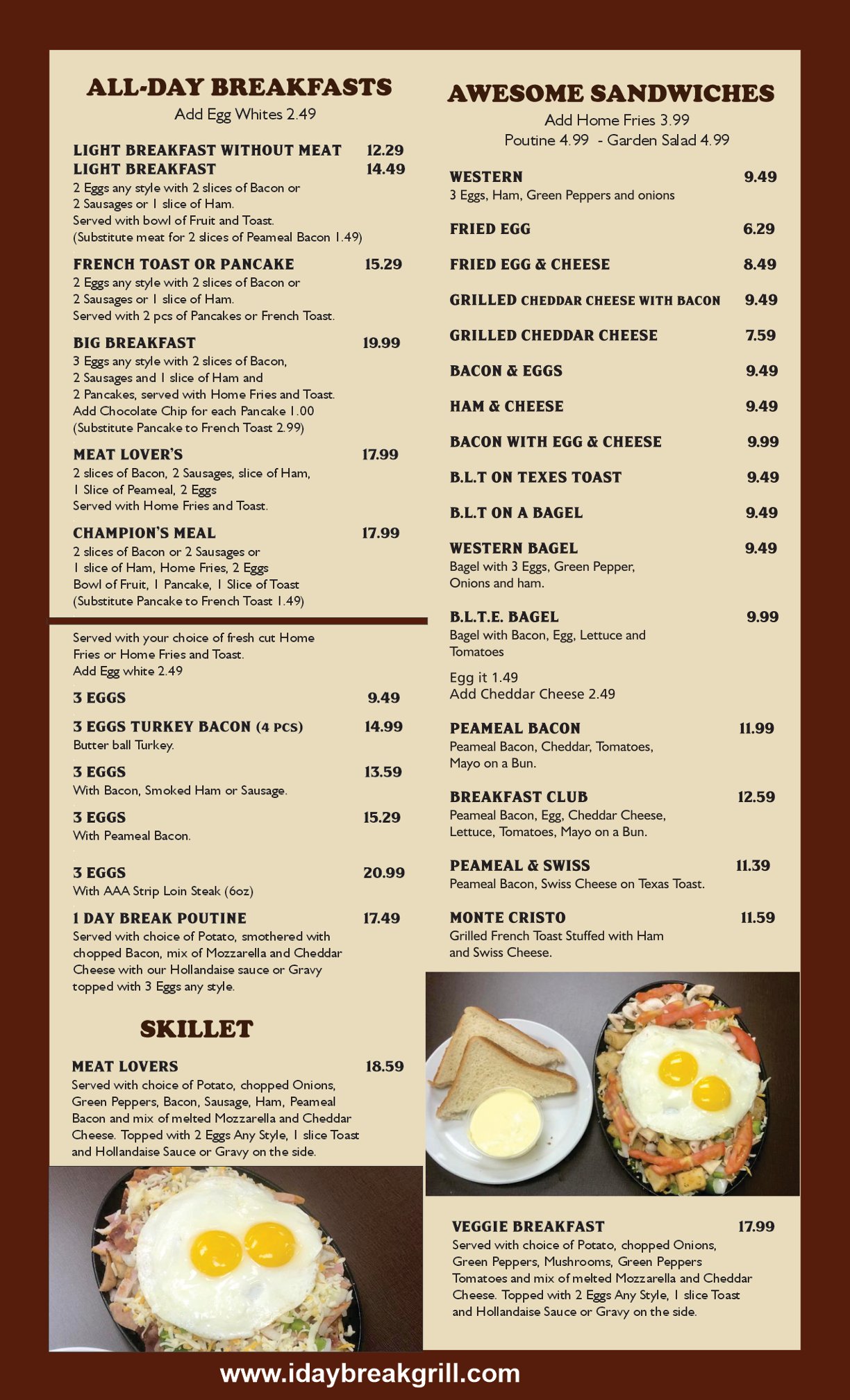 All-Day Breakfasts, Skillets, and Sandwiches Menu