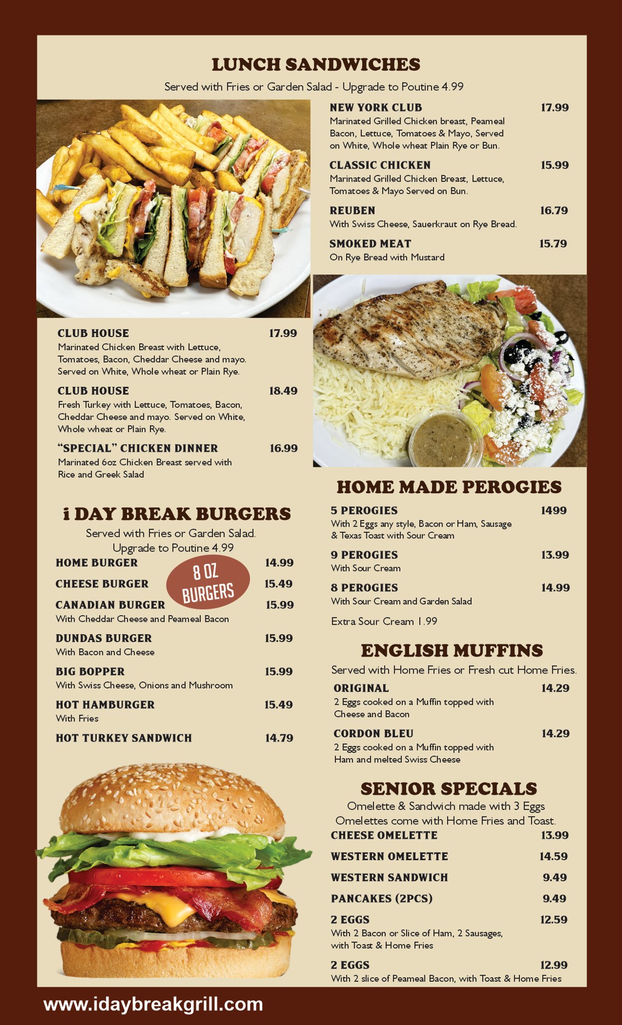 Lunch Sandwiches, Burgers, Perogies, and Senior Specials